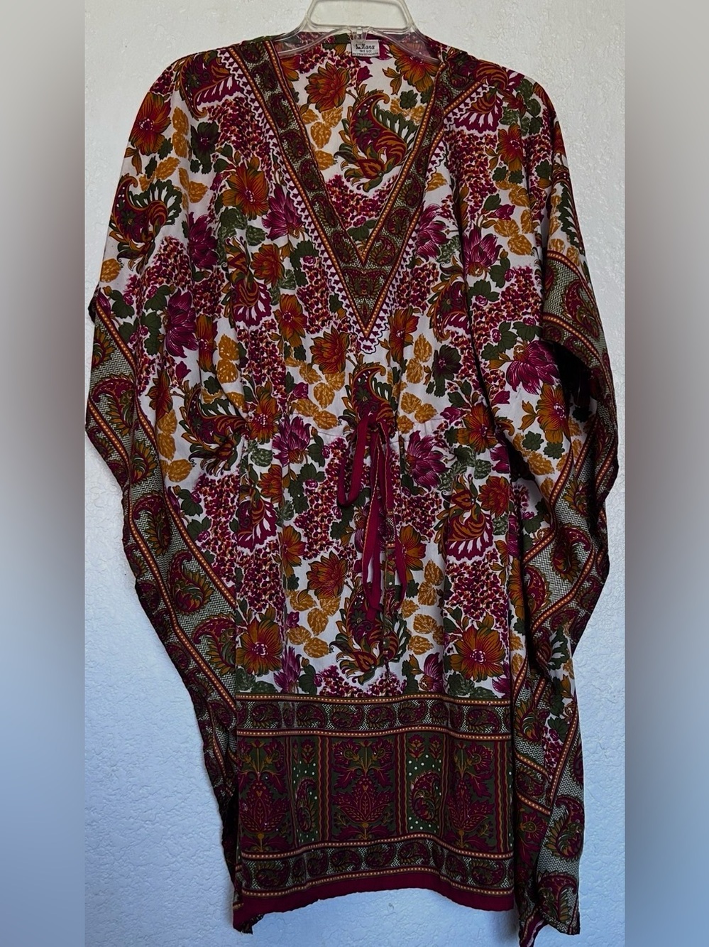 TUNIC TOP Caftan red and green floral print - Picture 2 of 2